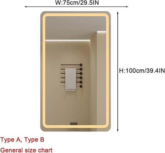 Bathroom Mirror with LED Lights,Bathroom Led Mirror ,LED Mirror for Bathroom,Backlit Bathroom Mirror ,with Touch Sensor/Demister pad,Shatterproof,Adjustable Lights(B,W75*H100cm/W29.5*W39.4IN)