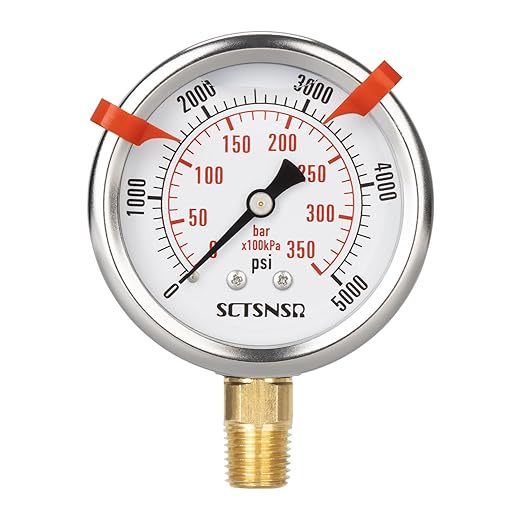 0 to 5000 Psi Hydraulic Pressure Gauge, Glycerin Liquid Filled, 2.5 inch Dial, 1/4" NPT Lower Mount, Stainless Steel Case, for Regulator, HVAC System, Beer Keg, Brew Setup,High Pressure Test