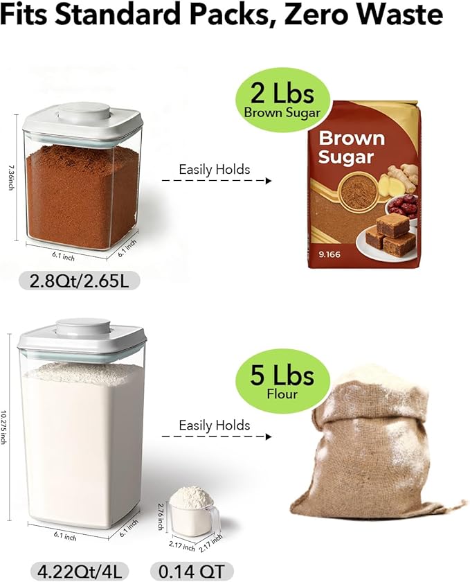 Airtight Food Storage Containers Set with One-Touch Lid, 2-Pack (4.22 QT / 4.0 L) Tall Stackable Durable PET for Bulk Rice, Flour & Baking Essentials Organizer.