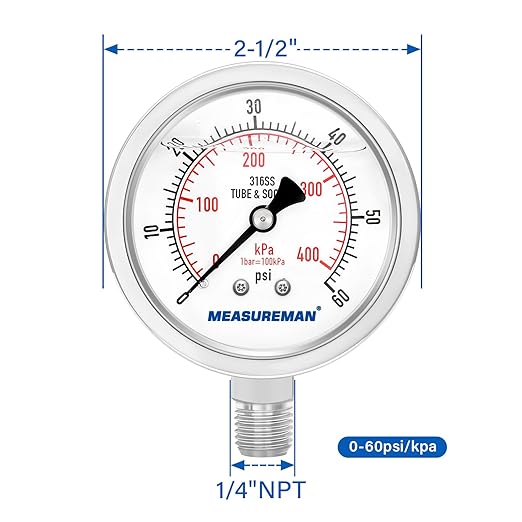 MEASUREMAN Fully Stainless Steel Hydraulic Glycerin Filled Pressure Gauge, 2-1/2" Dial Size, 1/4" NPT Lower Mount, 0-60psi/kpa