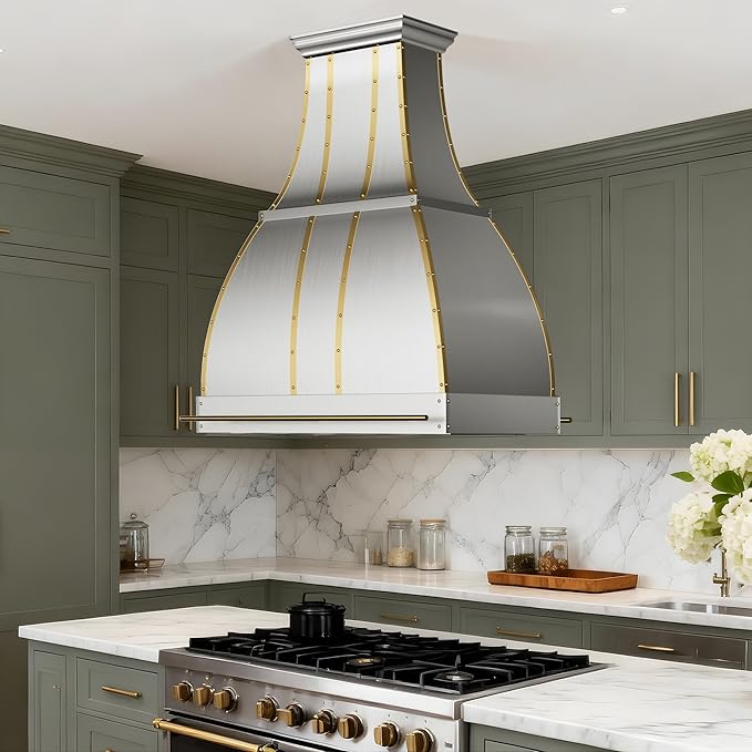CHETTO C Stainless Steel Range Hood Cover with Quiet Vent Hood Insert Custom Handcrafted Metal Kitchen Fan with Towel Rack LED Light 42"W x27"D x54"H Brushed Stainless Steel Island Mount