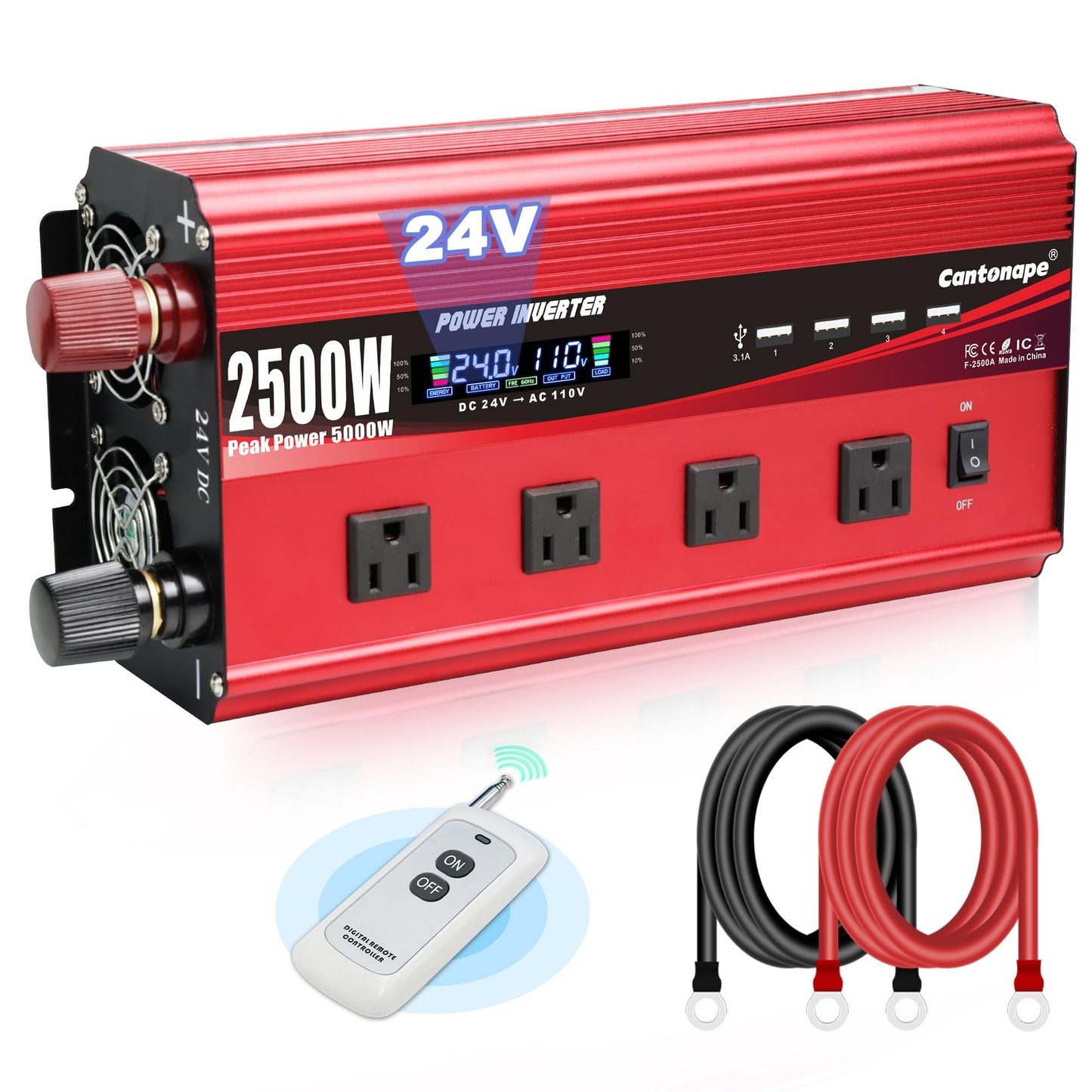 Cantonape 2500W Power Inverter 24V to 110V/120V DC to AC with LCD Display, Remote Controller 4 x AC Outlets and 4 x 3.1A USB Car