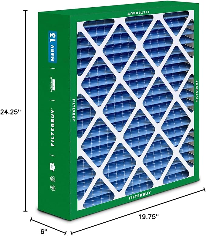 Filterbuy 20x25x6 Air Filter MERV 13 Optimal Smoke & Allergy Defense (1-Pack), Pleated HVAC AC Furnace Filters for AprilAire Space-Gard 201, 2200, 2250, & Lennox (Actual Size: 19.75 x 24.25 x 6.00)