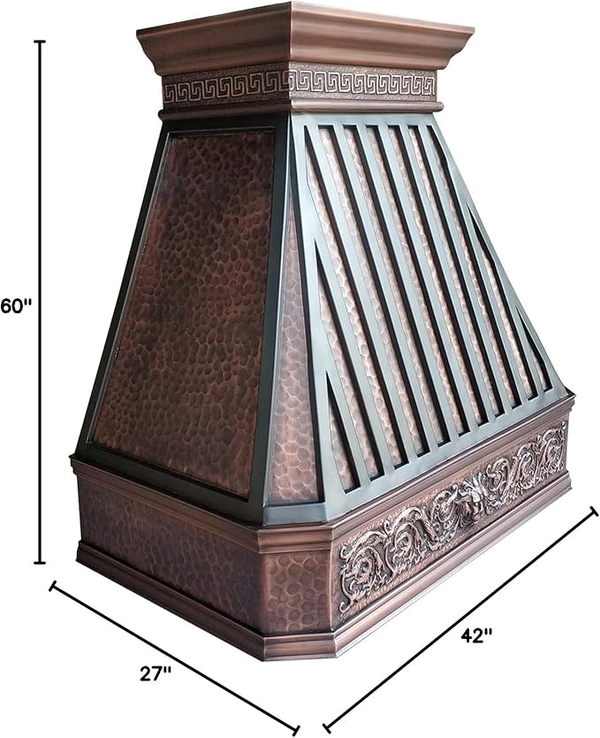 CT Copper Tailor Copper Vent Hood Island Mount,60'' W,42''H,1260 CFM Exhaust Fan,Stainless Steel Vent,LED Light,Dishwasher-Safe Baffle Filters,Light Hammered-Medium Patina,VH14TA2L