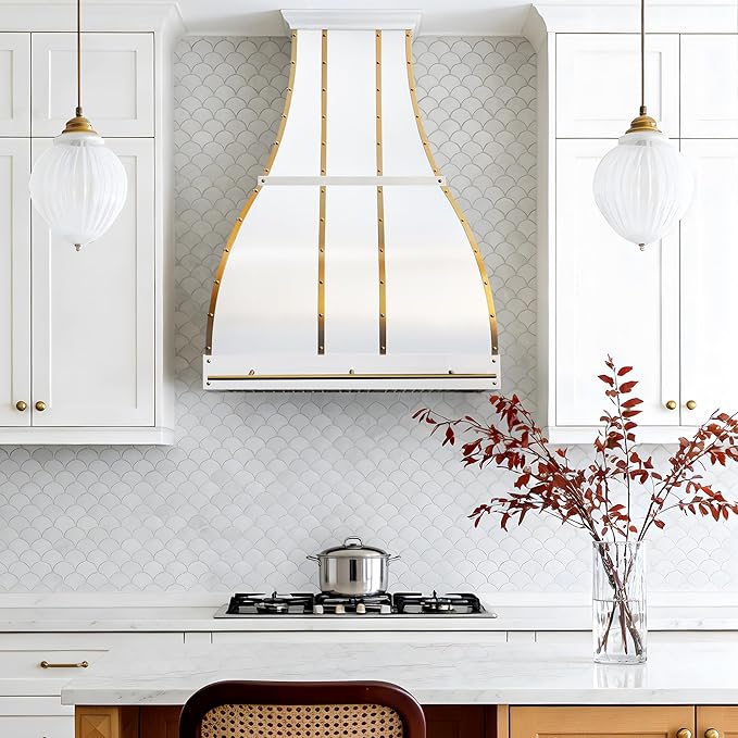 CHETTO C Stainless Steel Range Hood Cover with 4-Speed Vent Hood Insert Custom Handcrafted Metal Kitchen Fan with Towel Rack LED Light 48"W x21"D x27"H White Wall Mount