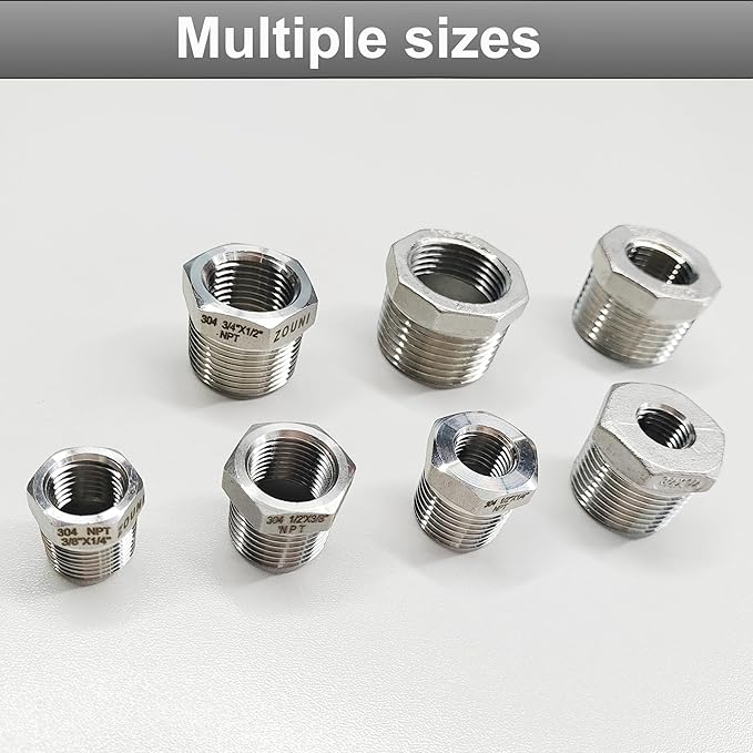 2 Pcs Reducer Hex Bushing, 304 Stainless Steel 3/4" Male NPT to 1/2" Female NPT( 3/4"MNPT - 1/2"FNPT) Pipe Fitting Hex Bushing, Heavy Duty Pipe Fitting Reducer Adapter