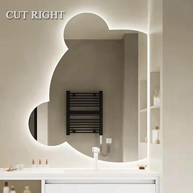 LTSRLL LED Vanity Mirror Cute Bear Decorative Mirror for Bathroom & Dressing Tabler Backlight Wall Mirror with 3 Color Dimmable Light Demister Pad Human Body Sensor Switch(Cut Right,80cmx95cm)