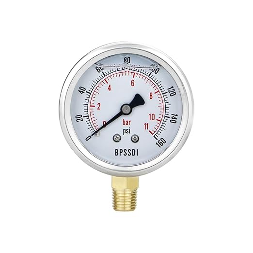 0-160 Psi Glycerin Liquid Filled Low Pressure Gauge, 2.5" Dial Size, 1/4" NPT Lower Mount, 304 Stainless Steel Case, for Water Pump, Pneumatic Air, RV Hose, Gas Pressure Test