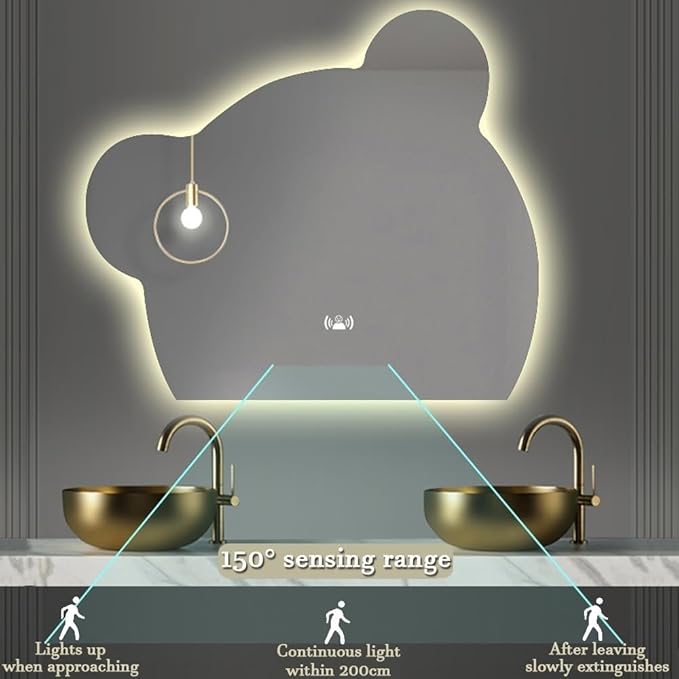 LTSRLL LED Vanity Mirror Cute Bear Decorative Mirror for Bathroom & Dressing Tabler Backlight Wall Mirror with 3 Color Dimmable Light Demister Pad Human Body Sensor Switch(Cut Down,70cmx85cm)