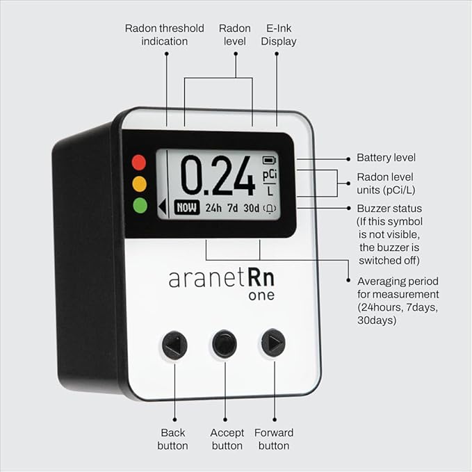 Radon One – Fast Home Radon Detector with 10-Minute Response, E-Ink Display, Battery Powered, Portable Real-Time Radon Monitor for Basements & Indoor Air Monitoring (Yellow)