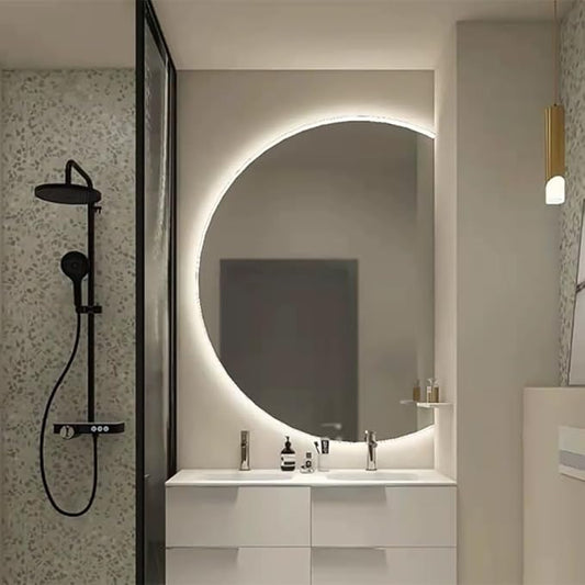 Semicircle Vanity Mirror with LED Lights, Dimmable LED Illuminated Bathroom Mirror with Touch Switch, Frameless 43"x28" Backlit Wall Mirror with Demister Pad, for Bathroom, Bedroom, Entryway