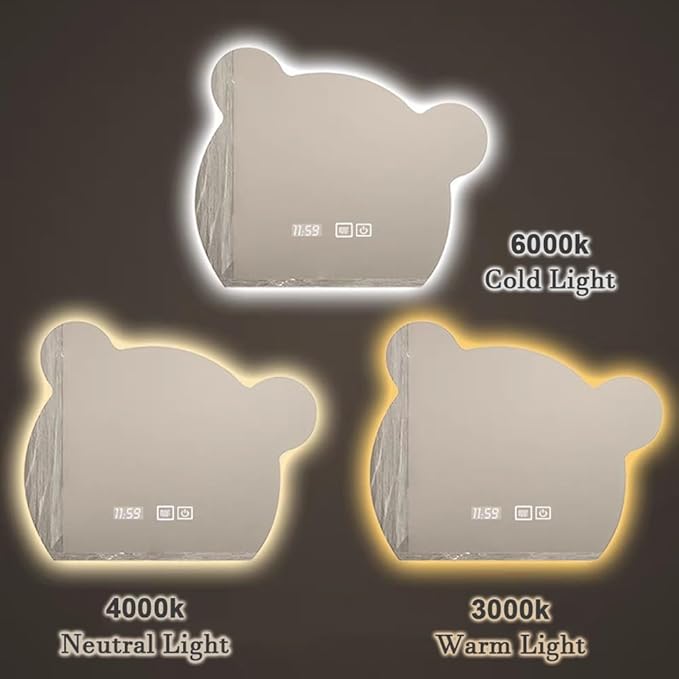 LTSRLL LED Vanity Mirror Cute Bear Decorative Mirror for Bathroom & Dressing Tabler Backlight Wall Mirror with 3 Color Dimmable Light Demister Pad Human Body Sensor Switch(Cut Right,70cmx85cm)