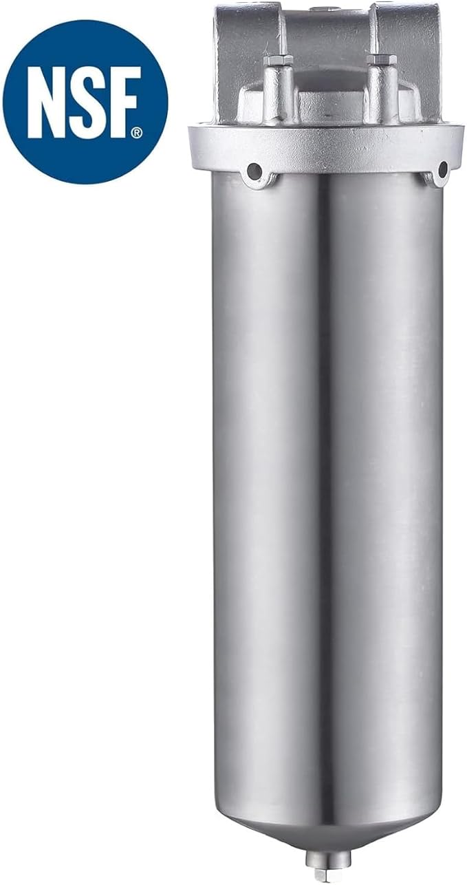 Amwater NSF/ANSI 42 Certification 304 Stainless Steel Filter Housing for 10" Filter Cartridge, 1/2NPT Water Filter Housing, Drain Valve Style C (Square Head)