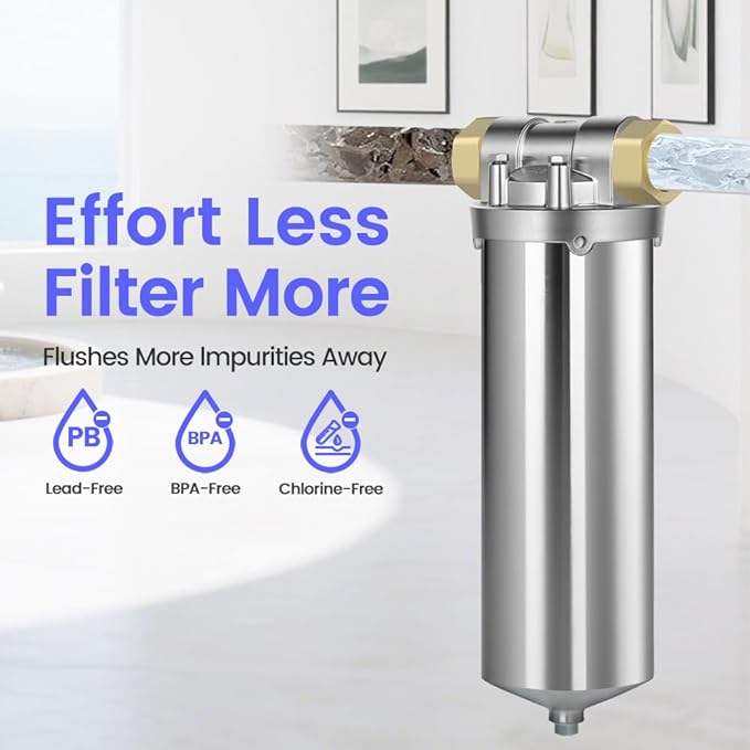 Amwater NSF/ANSI 42 Certification 304 Stainless Steel Filter Housing for 10" Filter Cartridge, 1/2NPT Water Filter Housing, Drain Valve Style C (Square Head)
