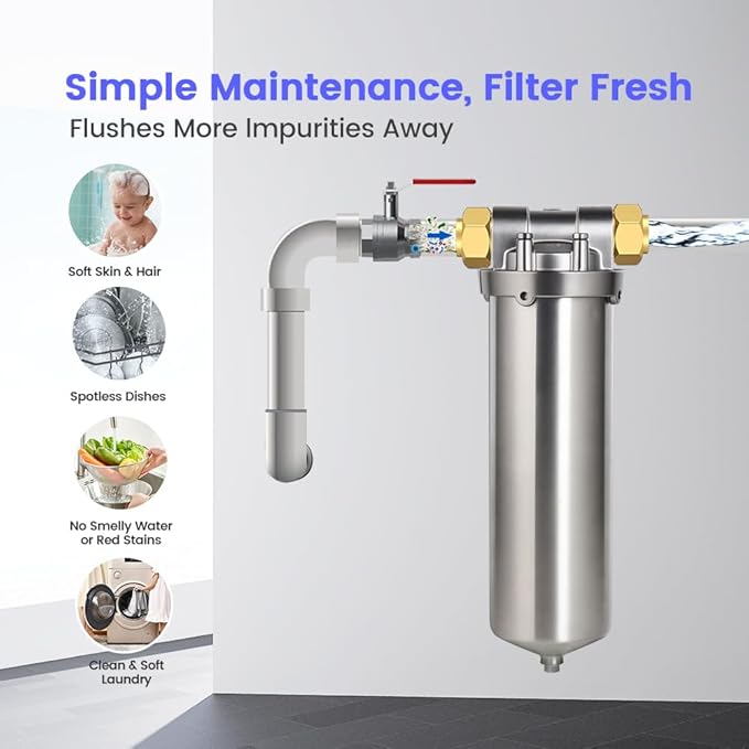 Amwater NSF/ANSI 42 Certification 304 Stainless Steel Filter Housing for 10" Filter Cartridge, 1/2NPT Water Filter Housing, Drain Valve Style C (Square Head)