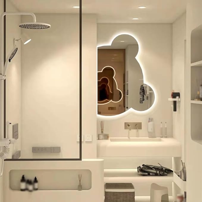 LTSRLL LED Vanity Mirror Cute Bear Decorative Mirror for Bathroom & Dressing Tabler Backlight Wall Mirror with 3 Color Dimmable Light Demister Pad Human Body Sensor Switch(Cut Down,60cmx75cm)