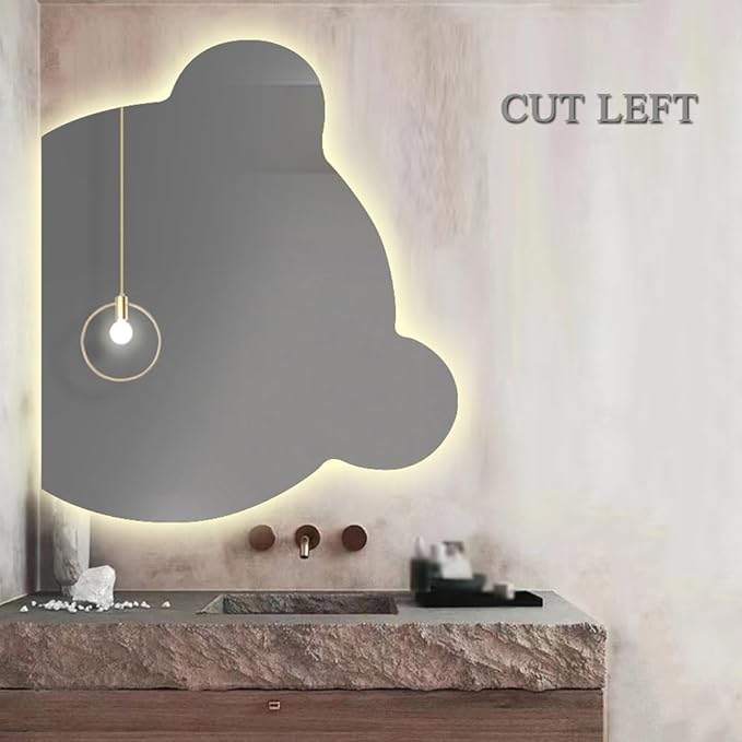 LTSRLL LED Vanity Mirror Cute Bear Decorative Mirror for Bathroom & Dressing Tabler Backlight Wall Mirror with 3 Color Dimmable Light Demister Pad Human Body Sensor Switch(Cut Left,80cmx95cm)