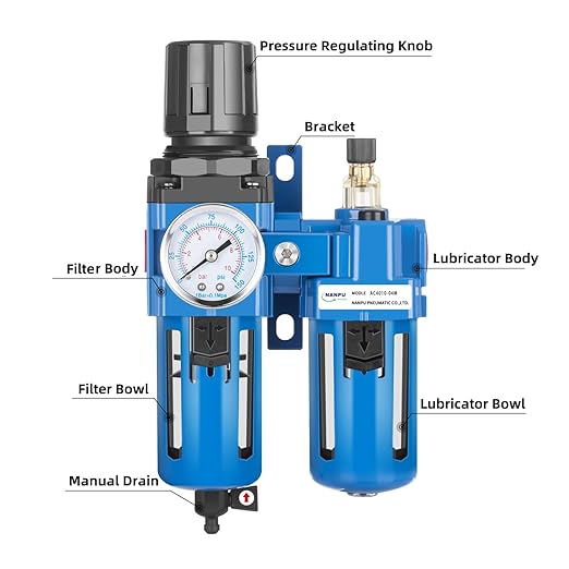 NANPU 1/2" NPT Compressed Air Filter Regulator Lubricator Combo, Water/Oil Trap Separator - Gauge(0-150 psi), Poly Bowl, Manual Drain, Bracket - AC4010-04M