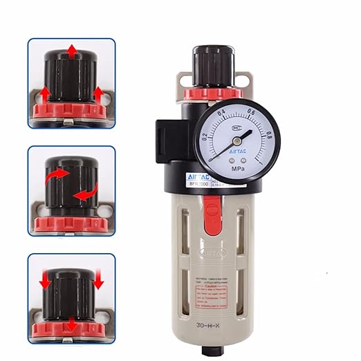 Compressed Air Pressure Filter Regulator Airtac BFR3000 3/8'' NPT 0-140 PSI Combo Piggybac Adjustable,Bracket,Gauge Semi-Auto Drain