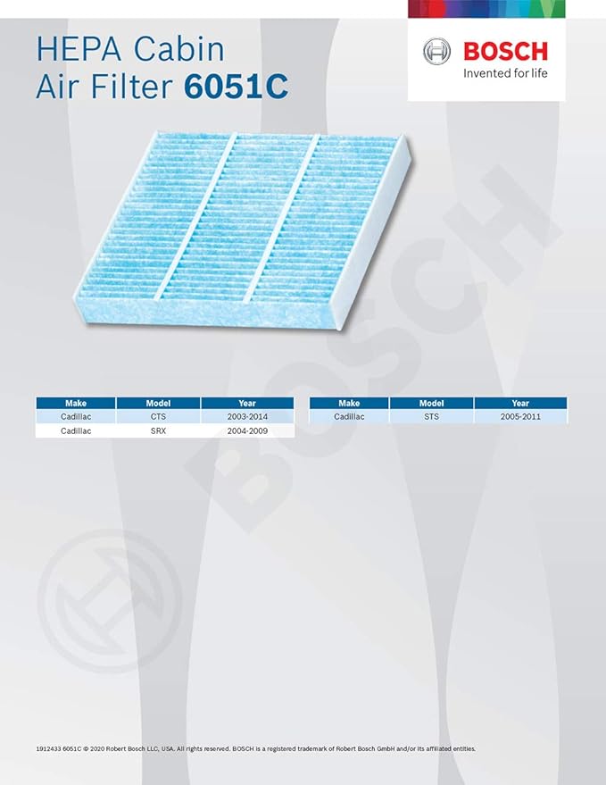 BOSCH 6051C HEPA Cabin Air Filter - Compatible with Select Cadillac CTS, SRX, STS