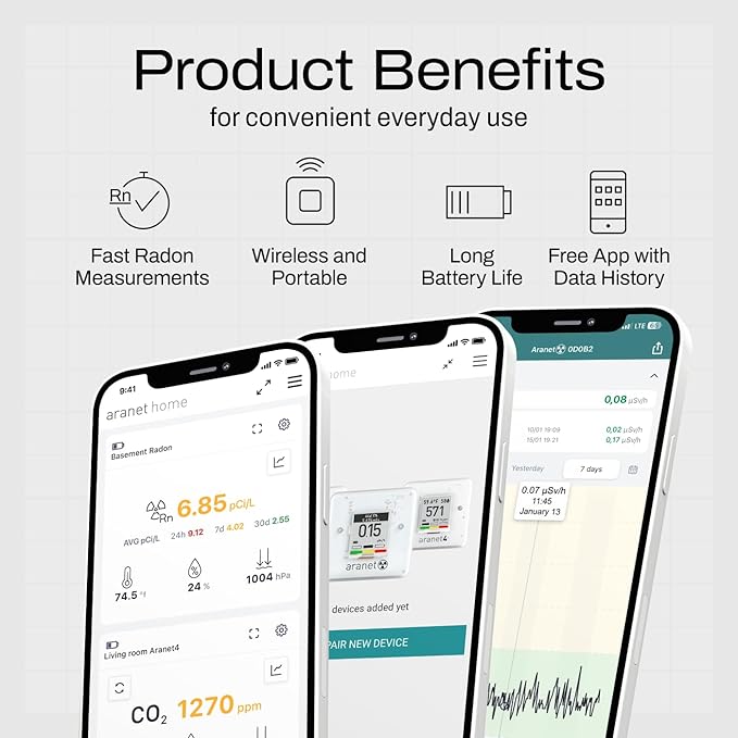 Radon One – Fast Home Radon Detector with 10-Minute Response, E-Ink Display, Battery Powered, Portable Real-Time Radon Monitor for Basements & Indoor Air Monitoring (Green)