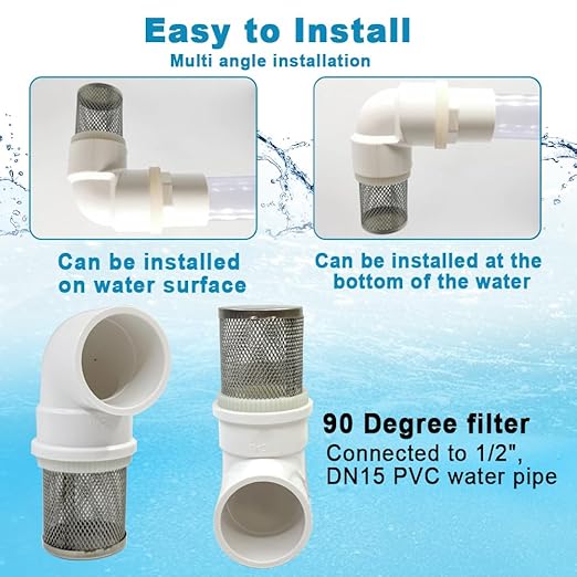 DN15 inch stainless steel filter cover connected to 90 degree elbow 1/2" PVC DN15 water pipe, suction hose strainer used to remove debris and reduce solid entry（1pcs）