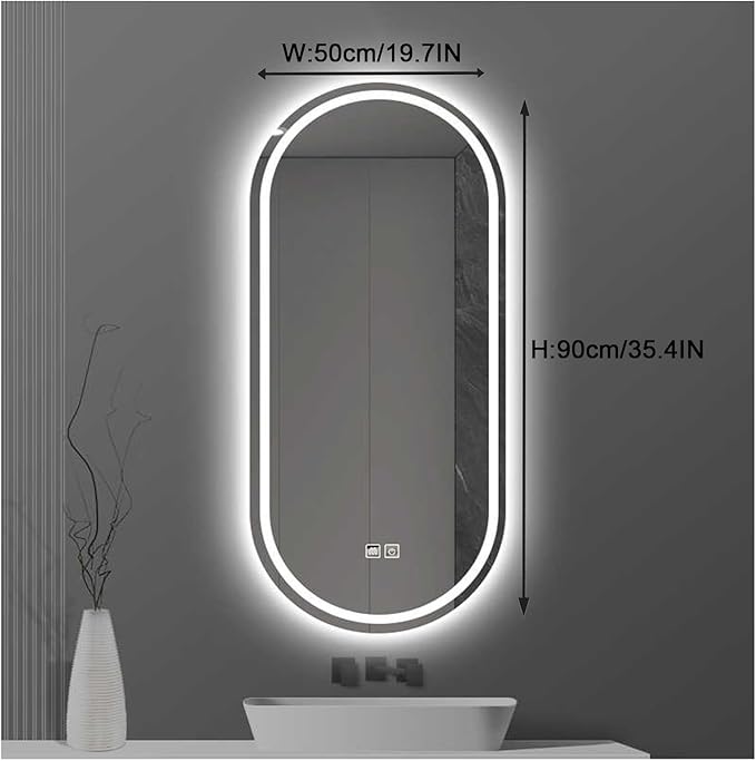 Bathroom Led Mirror ，Bathroom Mirror with LED Lights，Backlit Bathroom Mirror ，LED Mirror for Bathroom，Backlit Lighted Makeup Mirror，with Touch Sensor/Dimming/Demister pad(B,H90*W50cm/H35.4*W19.7IN)