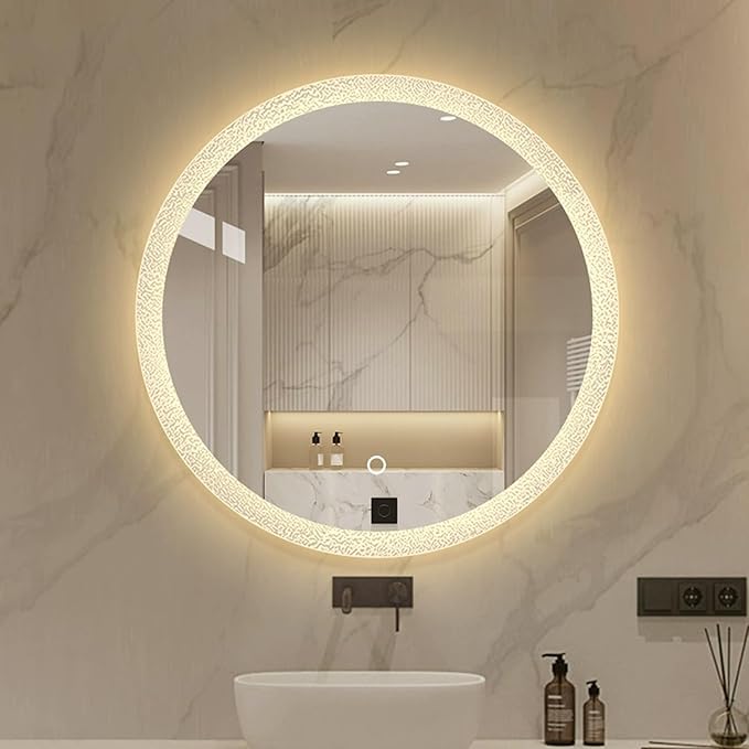 Round LED Bathroom Mirror, Wall Mounted Mirror with Demister Pad 3 Dimmable Color, Backlit Makeup Mirror, for Bathroom, Vanity, Bedroom(60cm/23.6in)