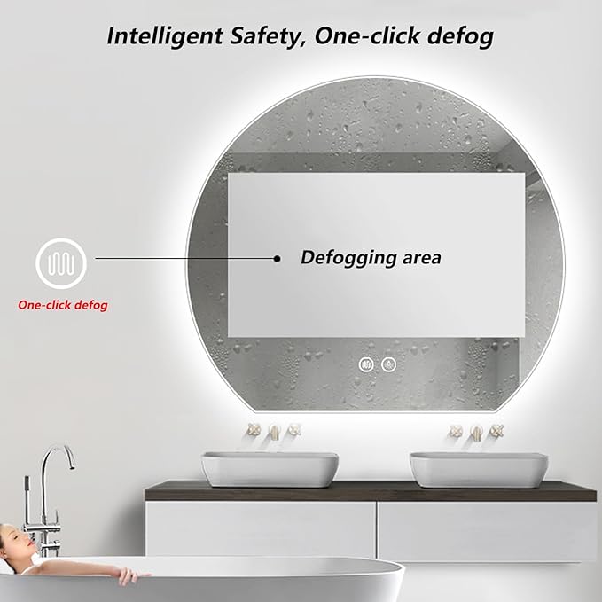 Bathroom Mirror, Vanity Mirror, Wall Mounted Mirror with LED Light and Demister Pad, 3-Color Dimmable Semi-Circle Mirror, Left/Right Cut(Right,35.4 * 39.4in/90 * 100cm)