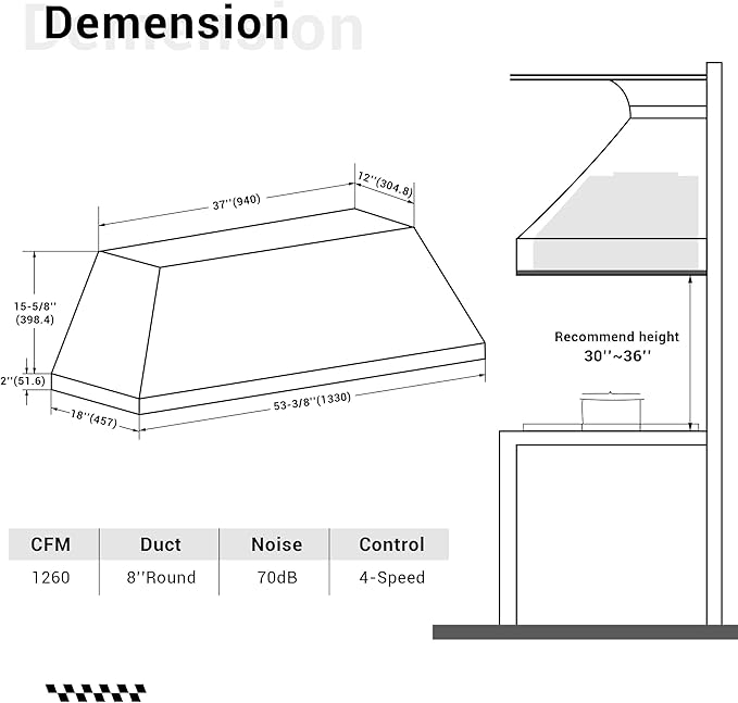 CHETTO C Stainless Steel Range Hood Cover with 4-Speed Vent Hood Insert Custom Handmade Metal Kitchen Fan with Towel Rack LED Light 54"W x21"D x24"H Black Wall Mount