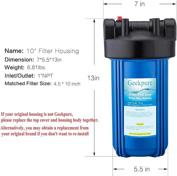 Geekpure 10-Inch Whole House Water Filter Housing 4.5"x10"1-Inch Outlet/Inlet with Wrench and Bracket-Blue Color -Pack of 3