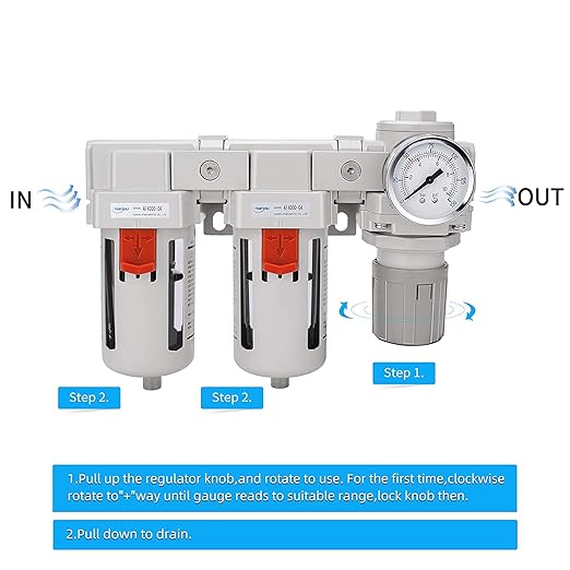 NANPU 1/2" NPT Air Drying System - Double Air Filters, Air Pressure Regulator Combo - Semi-Auto Drain, Poly Bowl