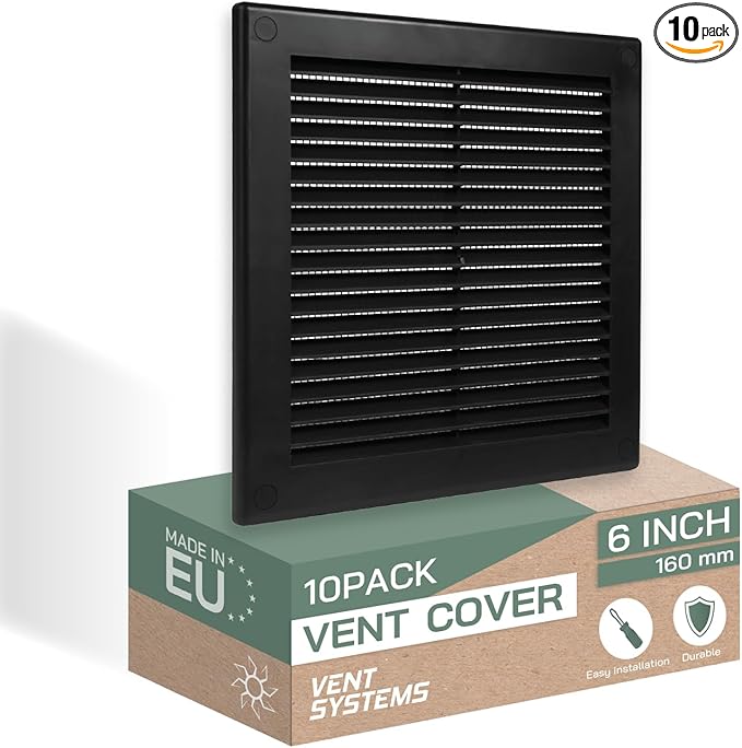 Vent Systems 6" x 6" Inch (Opening Dimensions) - Pack of 10 - Plastic Black Soffit Vent Cover - Flat Square Air Vent Grille - Air Vent Deflector - HVAC 8" x 8" Inch (Overall Dimensions)