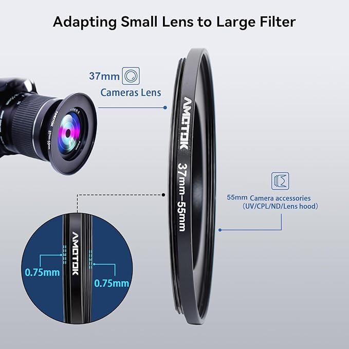 37mm Lens to 55mm Camera Lens Adapter,37mm to 55mm Filter Step up Ring Adapter Ring,Compatible All 55mm Filter Accessory