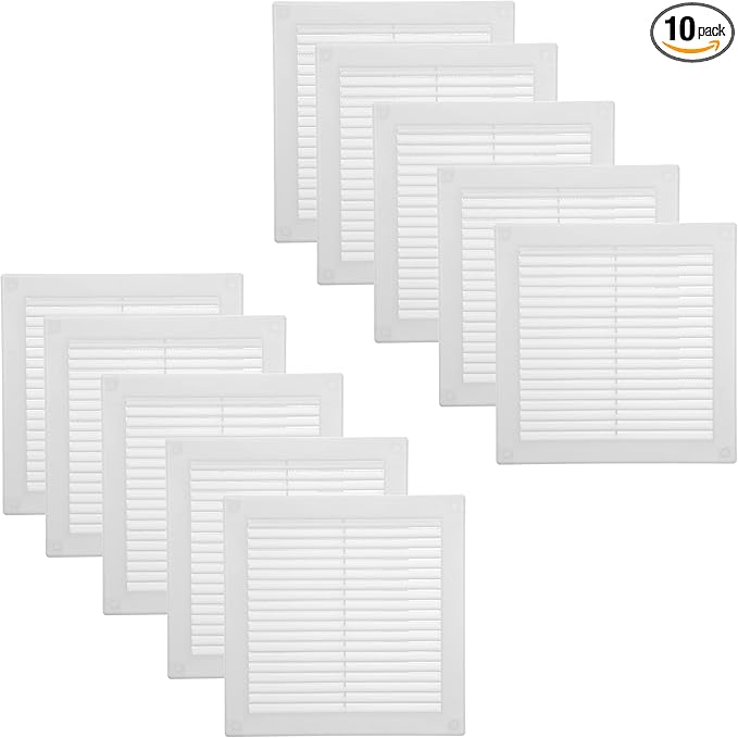 Vent Systems 6" x 6" Inch (Opening Dimensions) - Pack of 10 - Plastic White Soffit Vent Cover - Flat Square Air Vent Grille - Air Vent Deflector - HVAC 8" x 8" Inch (Overall Dimensions)