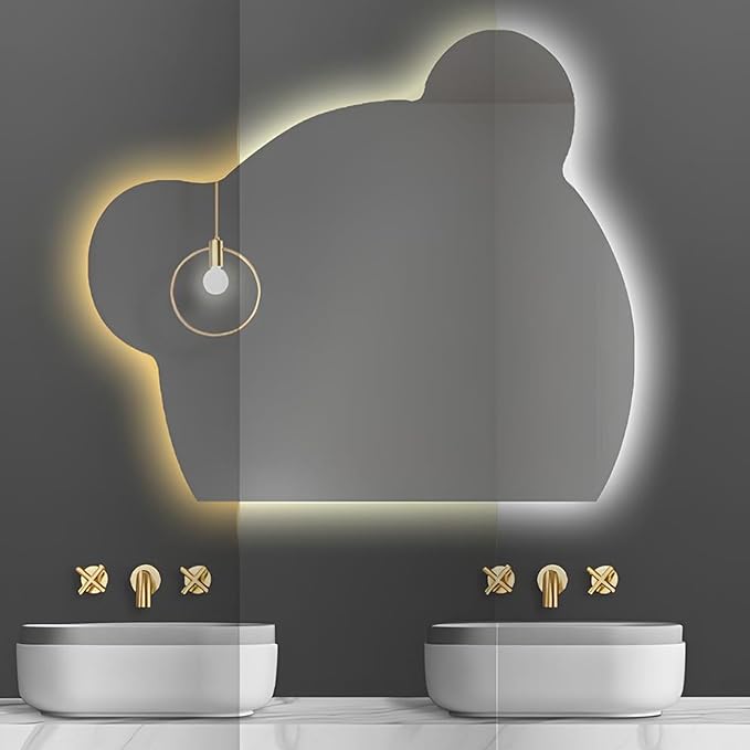 LTSRLL LED Vanity Mirror Cute Bear Decorative Mirror for Bathroom & Dressing Tabler Backlight Wall Mirror with 3 Color Dimmable Light Demister Pad Human Body Sensor Switch(Cut Right,80cmx95cm)