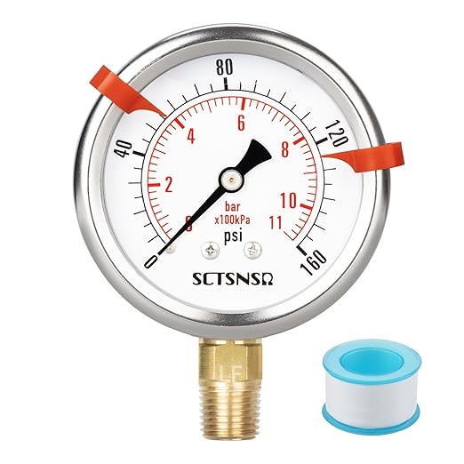 0 to 160 Psi Lead-Free Pressure Gauge, Glycerin Liquid Filled, 2.5 inch Dial, 1/4" NPT Lower Mount, Stainless Steel Case, for Regulator, Potable Water Pump, RV Hose, Well, Air, Pressure Test