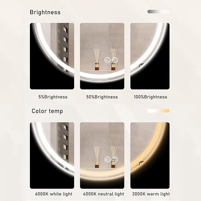 Bathroom Mirror with LED Lights, Wall Mounted Round Mirror, Mirror for Wall with Touch, 3 Colour and Demister Pad, IP44 Dimmable Bathroom Vanity Mirror(A,31.4"/80cm)