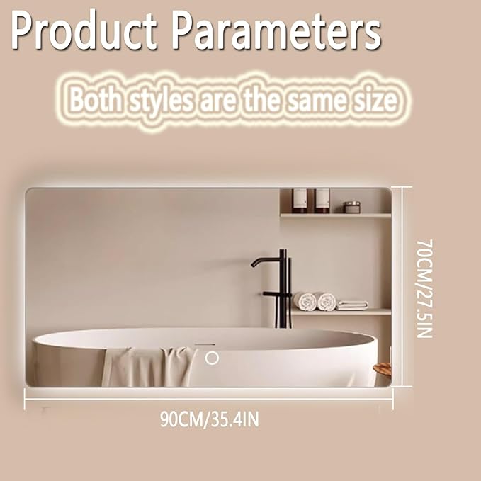 Backlit LED Illuminated Bathroom Mirror with LED Lights, Lighted Bathroom Makeup Wall Mounted Mirror with Demister Pad, Sensor Touch Switch, Horizontal/Vertical(B,H70*W90CM/H27.5*W35.4IN)
