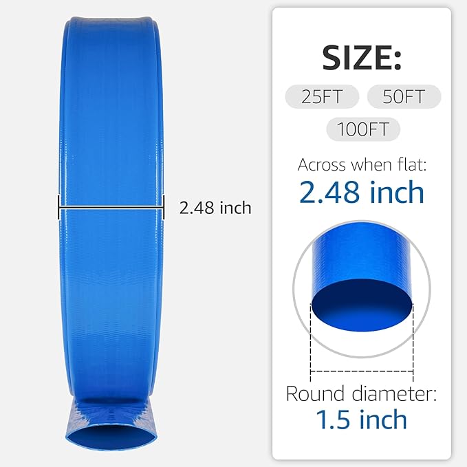 1.5" x 100 FT Pool Backwash Hose, Heavy Duty PVC Discharge Hose, Lay Flat Discharge Hose with 2 Clamps, Pool Drain Hoses for Inground Pools, Pool Filter, Weather and Burst Resistant, 6 Bar