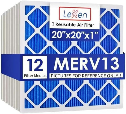 LEKEN 20x20x1 AC Furnace HVAC Filter Reusable Electrostatic Filters MERV 13 For Households With Pets, Contain 1 Reusable ABS frame+12 Air filter Medias