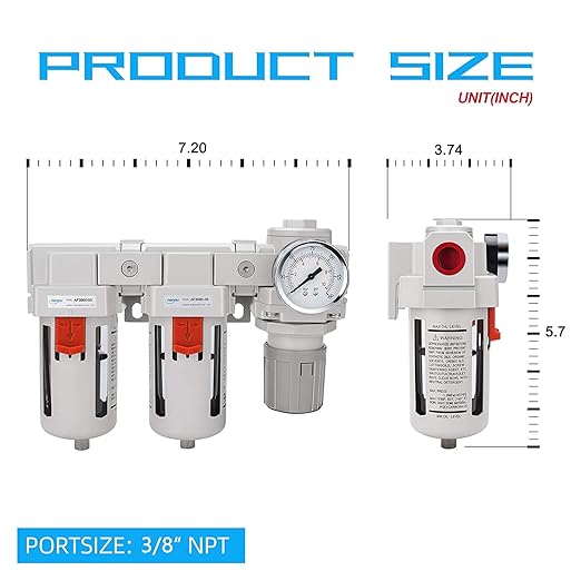 NANPU 3/8" NPT Air Drying System - Double Air Filters, Air Pressure Regulator Combo - Semi-Auto Drain, Poly Bowl
