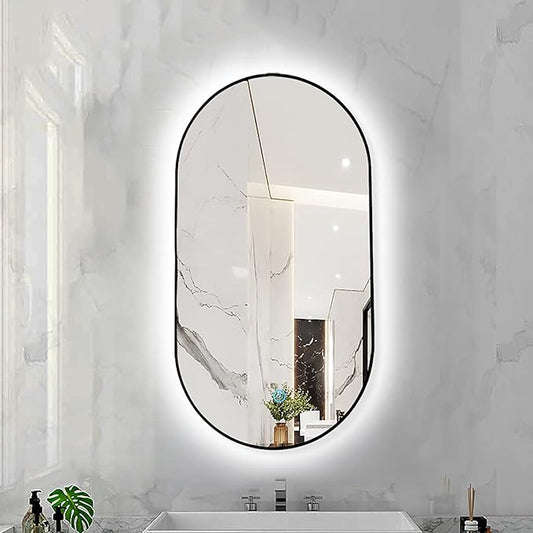 Oval LED Illuminated Bathroom Mirror, Wall-mounted Vanity Makeup Mirror with Demister Pad, 3 Dimmable Color Temperatures & Touch Control, Metal Frame Anti-Fog Lighted Wall Mirror ( Color : Black Frame