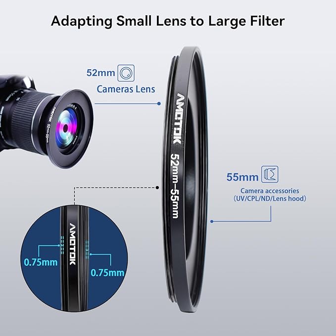 52mm Lens to 55mm Camera Lens Adapter,52mm-55mm Filter Step up Ring Adapter Ring,Compatible All 55mm Filter Accessory.Made from CNC Machined