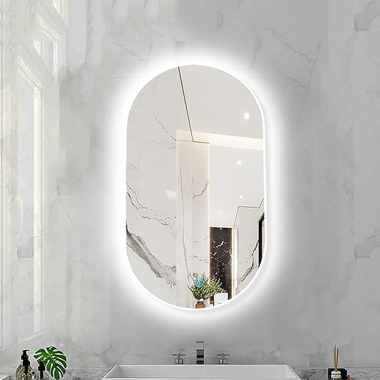 Oval LED Illuminated Bathroom Mirror, Wall-mounted Vanity Makeup Mirror with Demister Pad, 3 Dimmable Color Temperatures & Touch Control, Metal Frame Anti-Fog Lighted Wall Mirror ( Color : White Frame