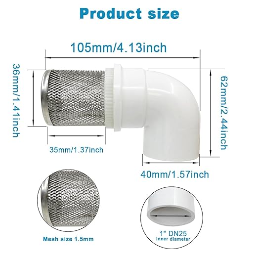 Cotonlake1 inch Stainless Steel Filter Cover Connected to 90 degree elbow 1" /DN25 PVC Water Pipe, Suction Strainers Used to Remove Debris and Reduce Solid Entry (1pcs)