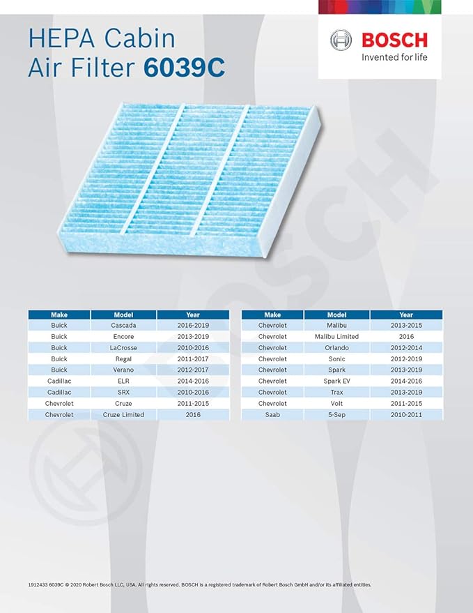 BOSCH 6039C HEPA Cabin Air Filter - Compatible with Select Buick Cascada, Encore, LaCrosse, Regal, Verano; Cadillac ELR, SRX; Chevrolet Cruze, Malibu, Orlando, Sonic, Spark, Trax, Volt; Saab 9-5