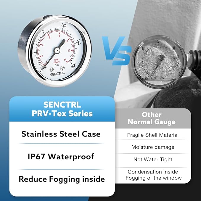 SENCTRL 0-200 psi Pressure Gauge, 2" Dial Size, 1/8 NPT Back Mount, Waterproof, Stainless Steel Case, for Pneumatic Regulator Air Compressor Portable Tank Water Tire Test