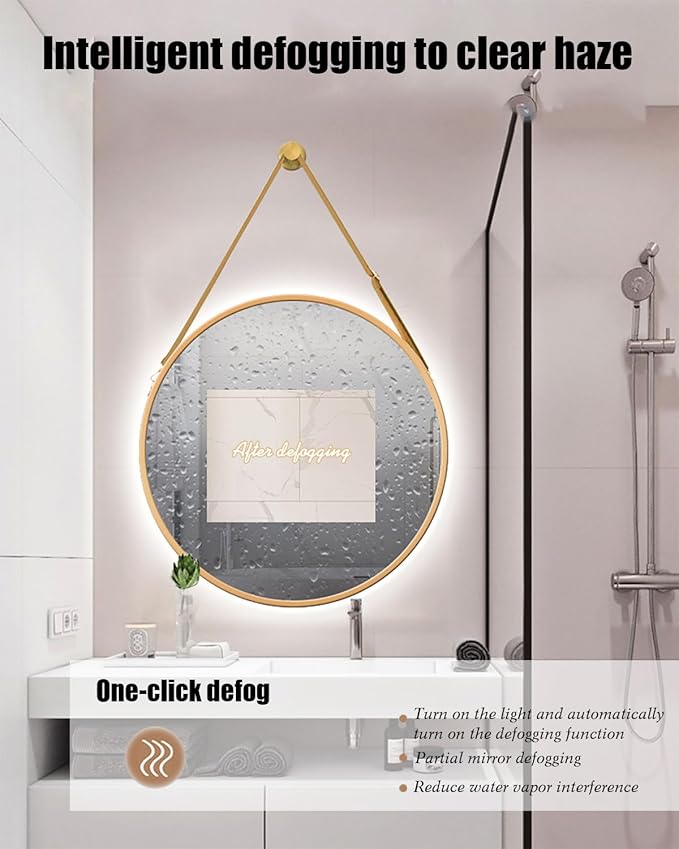 JSLJDM 500X500 mm Illuminated Backlit LED Bathroom Mirror, Wall Mounted Multifunction Bathroom Vanity Mirror with Lights and Demister Pad, Energy-Saving Illuminated Smart Mirror 60cm/23.5in Gold