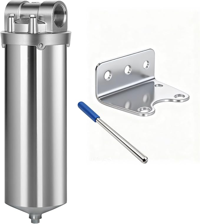 Amwater NSF/ANSI 42 Certification 304 Stainless Steel Filter Housing for 10" Filter Cartridge, 1/2NPT Water Filter Housing, Drain Valve Style C (Square Head)